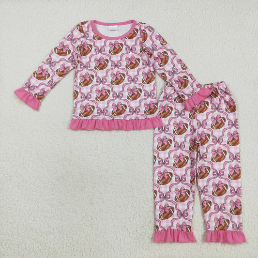 RTS NO MOQ （In stock）GLP2535 Baby Girls Winter Outfits Baby Girls Pink Bows Footballs Top Pant Team Pajamas Set