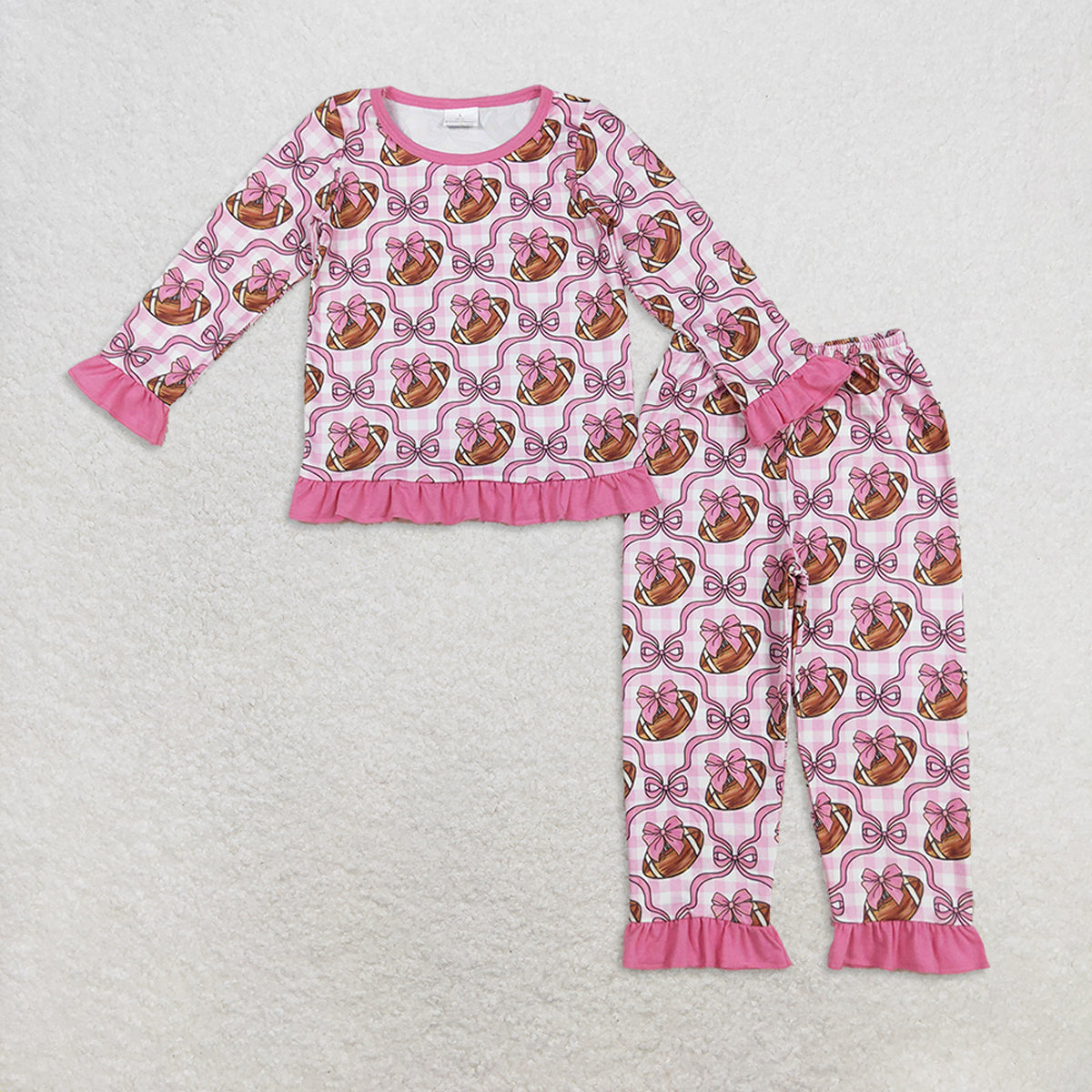 RTS Sibling Baby Girls Winter Outfits Pink Bows Footballs Top Pant Team Pajamas Set rompers