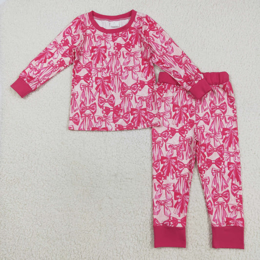 RTS NO MOQ （In stock）GLP2539 Baby Girls Winter Outfits Baby Girls Hot Pink Bows Plaid Top Pant Pajamas Set