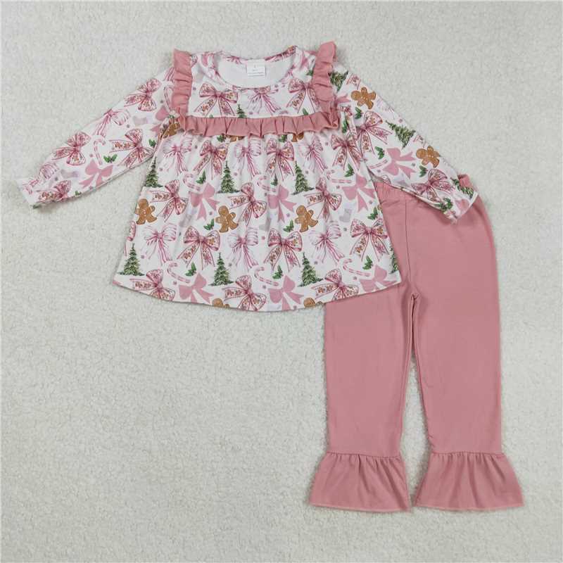 10.1 RTS Sibling Baby Girls Long Ruffle Sleeves Santa Trees Bows Tunic Pants Christmas Clothes Sets