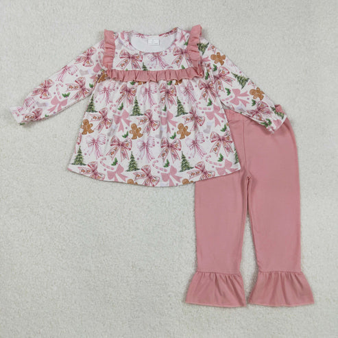 9.23 RTS Sibling Baby Girls Pink Bows Gingerbread Trees Top Pants Christmas Pajamas Clothes Sets