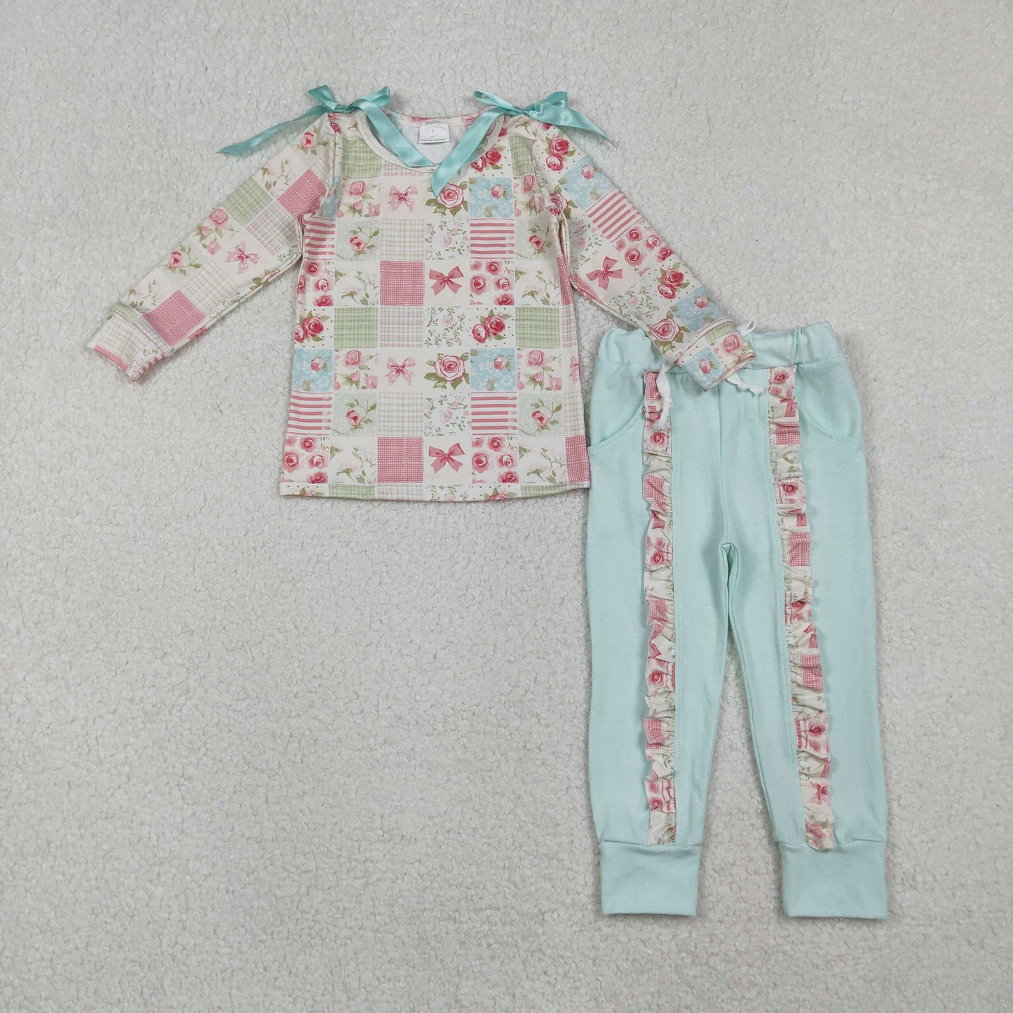 10.27 RTS NO MOQ （In stock）GLP2551 Baby Girls Flowers Checked Bows Top Ruffle Pockets Pants Clothes Sets