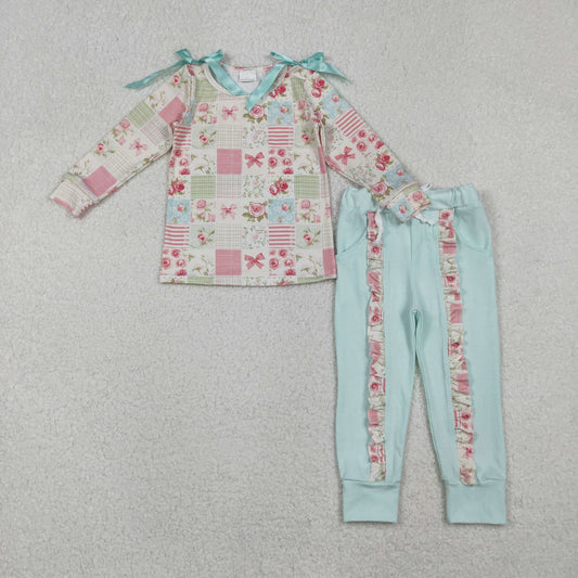 10.27 RTS NO MOQ （In stock）GLP2551 Baby Girls Flowers Checked Bows Top Ruffle Pockets Pants Clothes Sets
