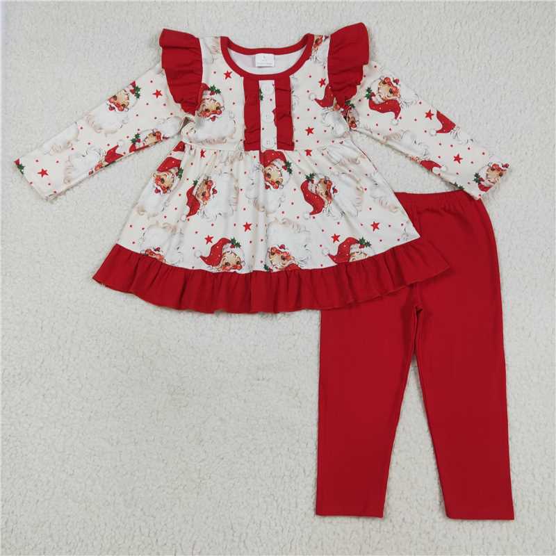 10.1 RTS Sibling Baby Girls Long Ruffle Sleeves Holly Santa Plaid Tunic Pants Christmas Set