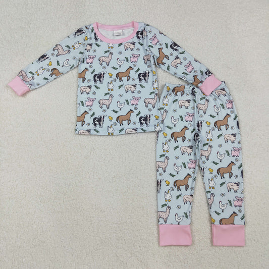 10.10 RTS NO MOQ （In stock）GLP2564 Baby Girls Winter Outfits Baby Girls Long Sleeves Cows Chicks Top Pant Farm Pajamas Sets