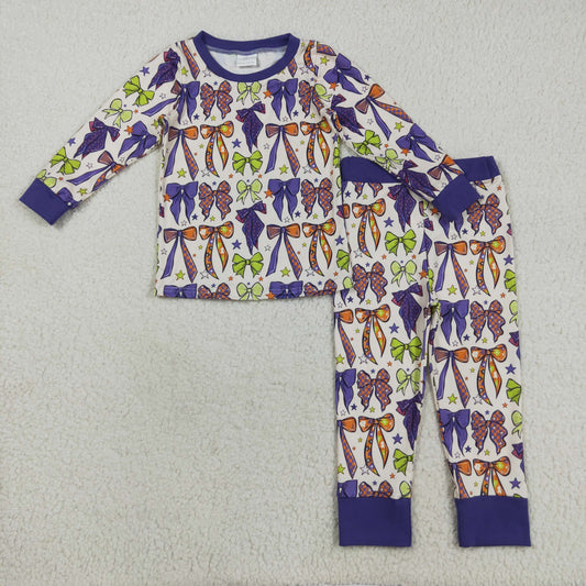 8.23 RTS NO MOQ （In stock）GLP2566 Baby Girls Winter Outfits Baby Girls Purple Green Bows Stars Plaid Top Pant Pajamas Set