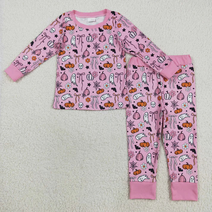 RTS Sibling Baby Girls Winter Outfits Halloween Pink Ghost And Pumpkins Pajamas Set Top And Pants Rompers