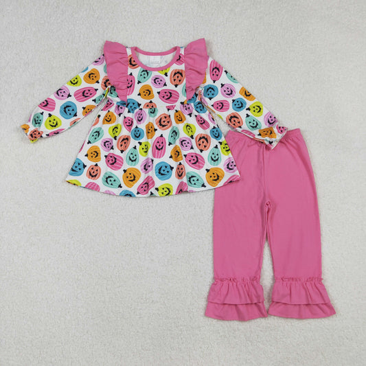 RTS NO MOQ （In stock）GLP2569 Baby Girls Winter Outfits Halloween Colorful Ghost Pumpkins Top Ruffle Pants Sets