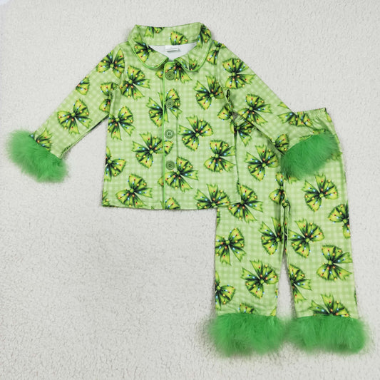 RTS NO MOQ （In stock）GLP2581 Baby Girls Winter Outfits Baby Girls Fur Sleeve Green Bows Plaid Button Top Pant Christmas Pajamas Set