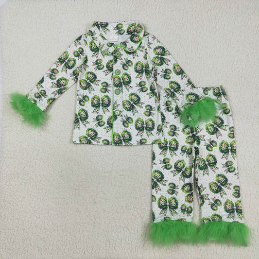 8.23 RTS NO MOQ （In stock）GLP2582 Baby Girls Winter Outfits Baby Girls Fur Sleeves Green Bows Plaid Button Top Pant Christmas Pajamas Set