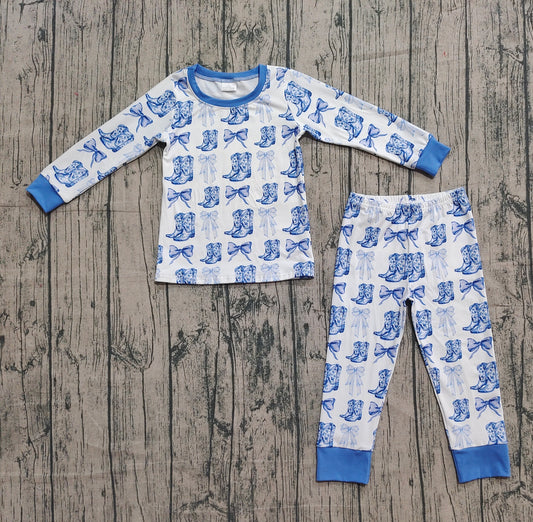 9.15 GLP2583 Sample No Moq Fast Coming Baby Girls Long Sleeves Bows Boots Plaid Top Pant Pajamas Set