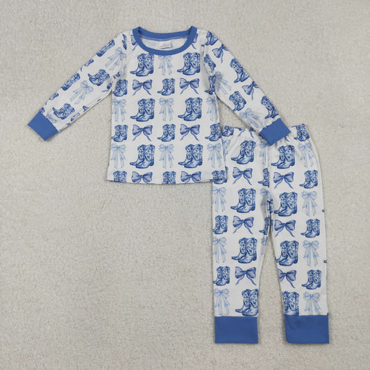 9.30 RTS NO MOQ （In stock）GLP2583 Baby Girls Winter Outfits Baby Girls Bows Boots Plaid Top Pant Pajamas Set