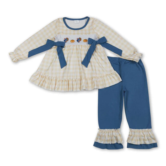 RTS Sibling Sibling milk silk Baby Girls And Boys Cute Embroidery Turkey And Pumpkins Plaid Pants Thanksgiving Clothes Set Rompers
