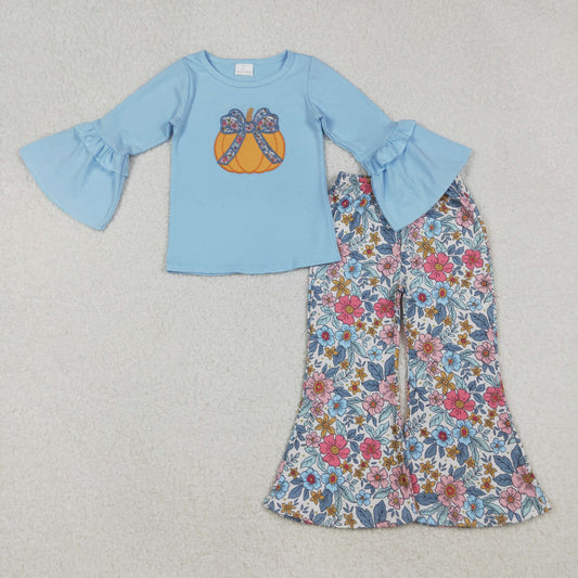 RTS NO MOQ （In stock）GLP2596 Baby Girls Winter Outfits Floral Pumpkins Top Bell Bottom Pant Sets