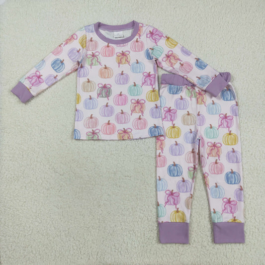 RTS NO MOQ （In stock）GLP2597 Baby Girls Winter Outfits Baby Girls Long Sleeves Colorful Bows Pumpkins Top Pant Pajamas Set