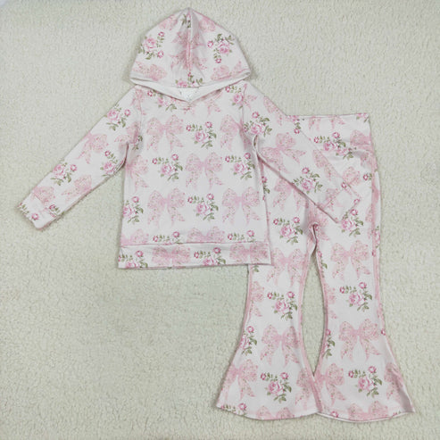 9.24 RTS Sibling Baby Girls Pink Bows Floral Hooded Yoga Pullover Bell Pants Clothes Sets