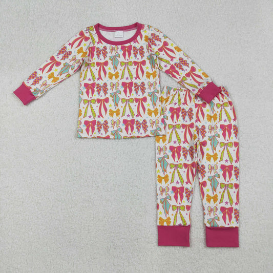 RTS NO MOQ （In stock）GLP2615 Baby Girls Winter Outfits Pink Bows Stars Top Pant Pajamas Sets