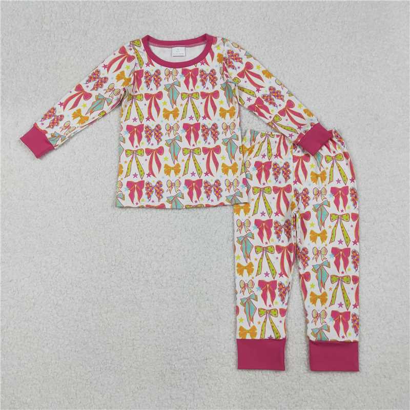 RTS Sibling Baby Girls Winter Outfits Long Sleeve Pajamas Colorful Bow Top Pants Set Comfortable Sleepwear for Children