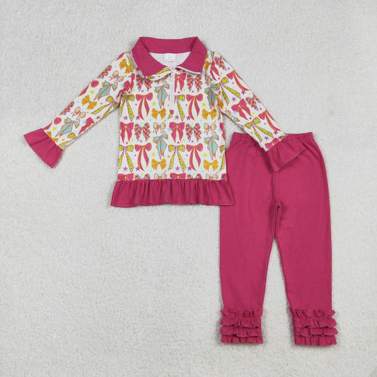 RTS NO MOQ （In stock）GLP2616 Baby Girls Winter Outfits Long Ruffle Sleeves Pink Bows Stars Zipper Top Legging Pants Sets