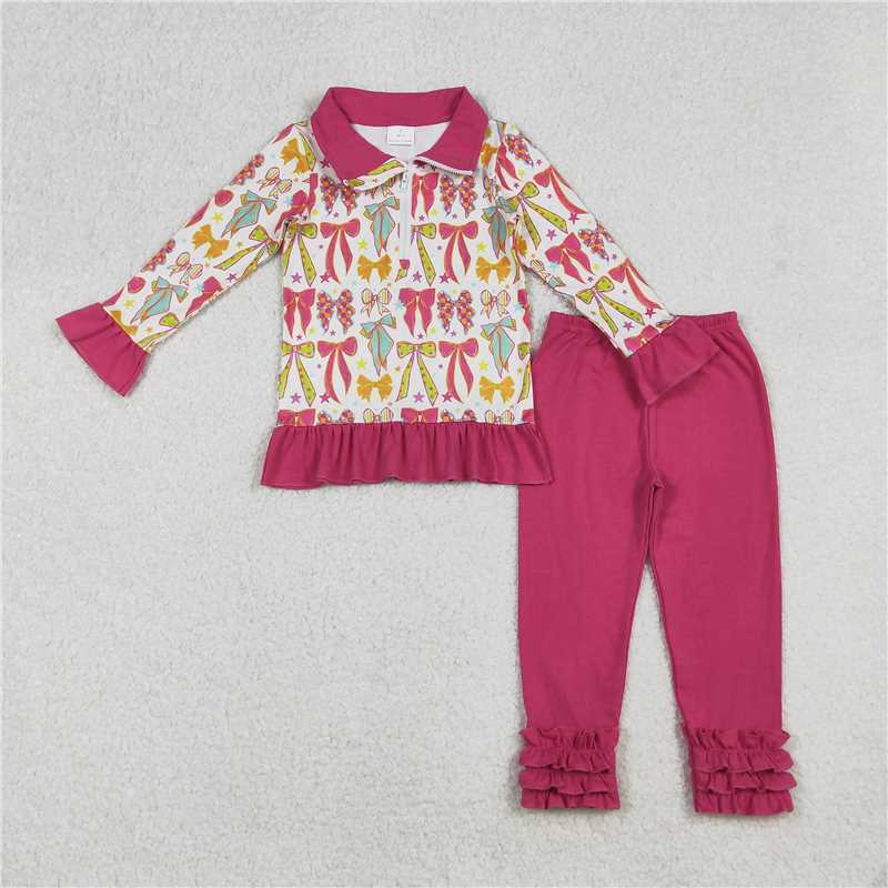 10.15 RTS Sibling Baby Girls Bows Pullovers Pockets Pants Clothes Sets