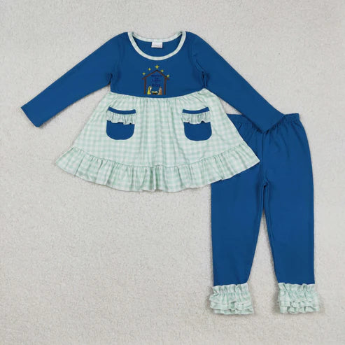 9.19 RTS Sibling Baby Girls Embroidery Santa Nativity Candy Cane Lights Tunic Pants Christmas Clothes Sets