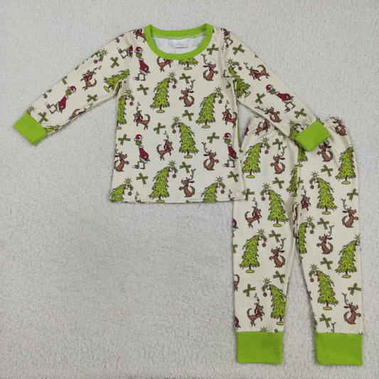RTS NO MOQ （In stock）GLP2627 Baby Girls Winter Outfits Baby Boys Long Sleeves Christmas Trees Dogs Top Pant Pajamas Set