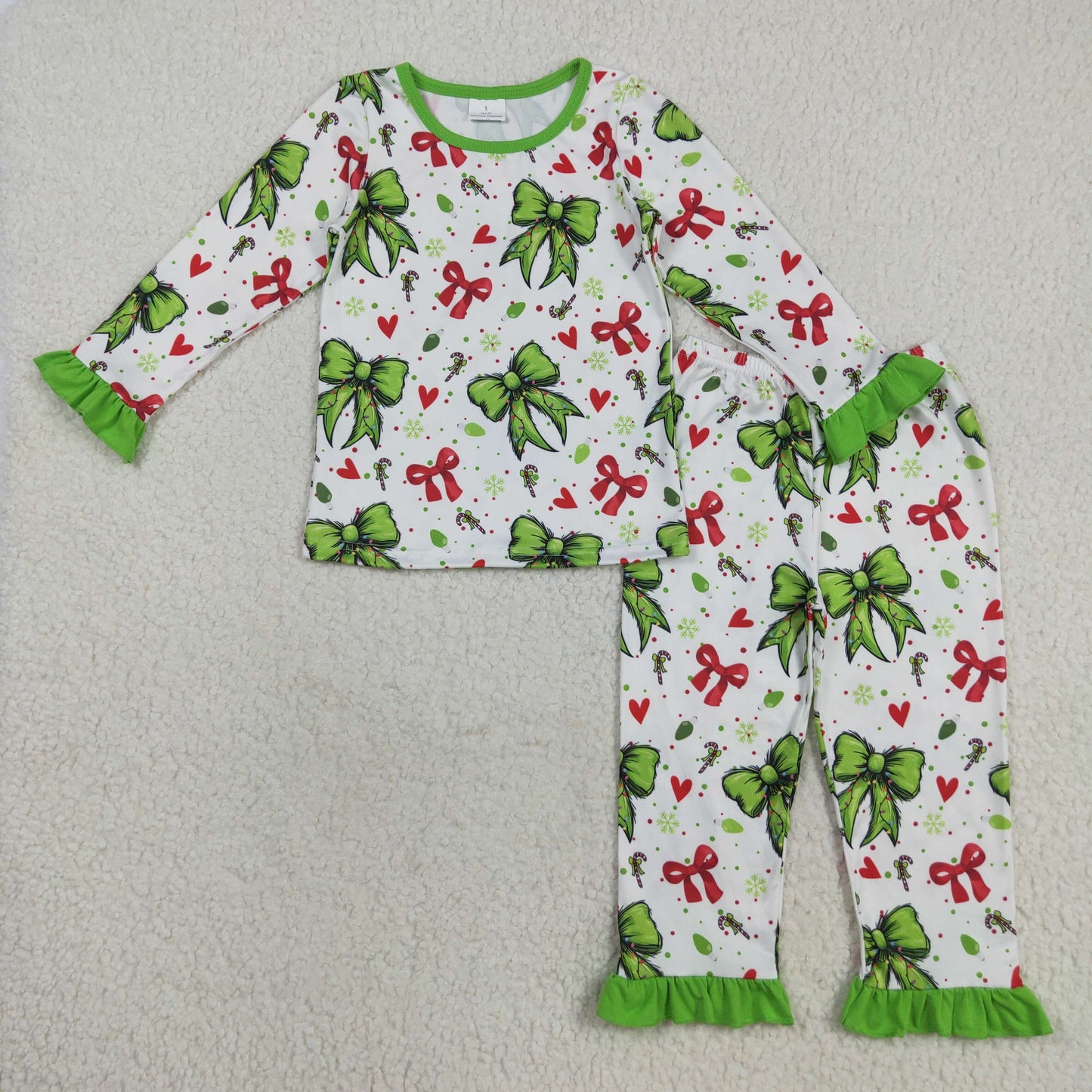 RTS NO MOQ （In stock）GLP2628 Baby Girls Winter Outfits Baby Girls Christmas Green Red Bows Hearts Top Pant Pajamas Sets