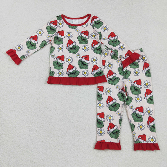 RTS NO MOQ （In stock）GLP2635 Baby Girls Winter Outfits Christmas Green Face Flowers Top Pants Pajamas Set
