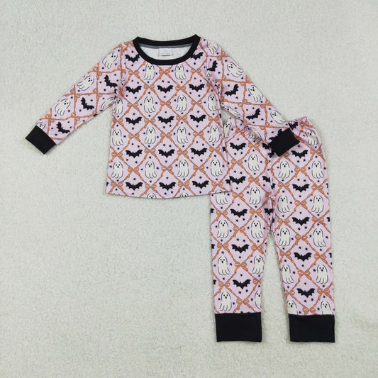 RTS NO MOQ （In stock）GLP2639 Baby Girls Winter Outfits Long Sleeves Bows Bats Ghosts Plaid Top Pant Pajamas Set