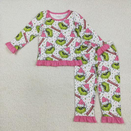 RTS NO MOQ （In stock）GLP2645 Baby Girls Winter Outfits Baby Girls Green Face Stars Plaid Top Pant Christmas Pajamas Set