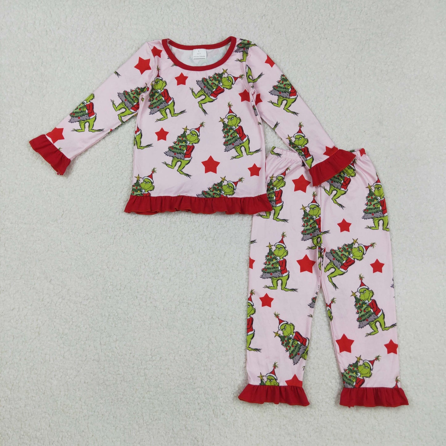 RTS NO MOQ （In stock）GLP2646 Baby Girls Winter Outfits Christmas Green Face Trees Top Pants Pajamas Sets