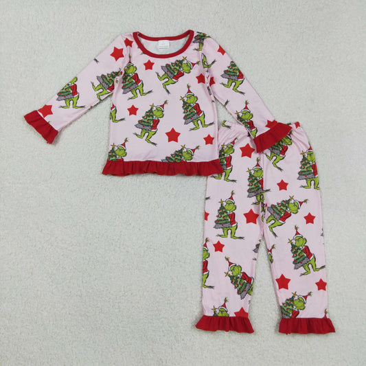 RTS NO MOQ （In stock）GLP2646 Baby Girls Winter Outfits Christmas Green Face Trees Top Pants Pajamas Sets