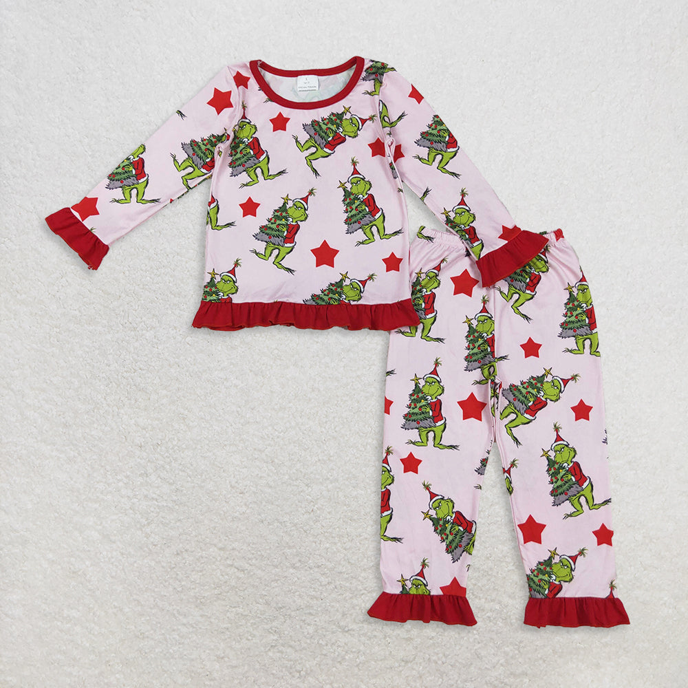 RTS Sibling Baby Girls Winter Outfits Green Face Christmas Pajamas Long Sleeves Ruffle Stars Design Rompers Dress Cute Holiday Sleepwear for Kids