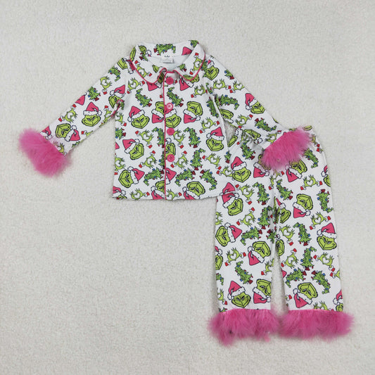 RTS NO MOQ （In stock）GLP2647 Baby Girls Winter Outfits Christmas Green Fur Pajamas Set with Face Buttons Long Sleeve Top And Pants