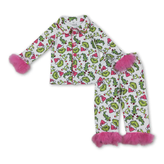 RTS Sibling Baby Girls Sister Christmas Bows Santa Buttons Top Pants Fur Pajamas Clothes Sets