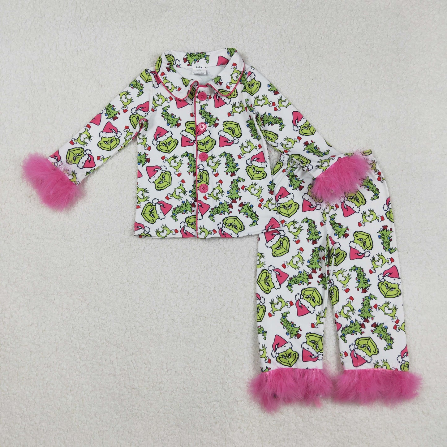 RTS Sibling Baby Girls Winter Outfits Hot Pink Long Sleeve Baby Pajamas Christmas Tree Green Face Design Comfortable Rompers Pants for Infants
