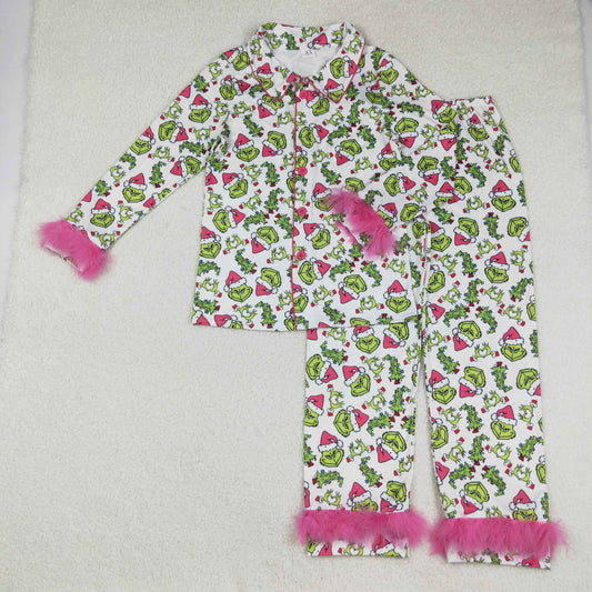 RTS NO MOQ （In stock）GLP2648 Adult women's pajamas set Pink Fur Christmas Pajamas with Green Face Button down Sleepwear for Holiday Comfort