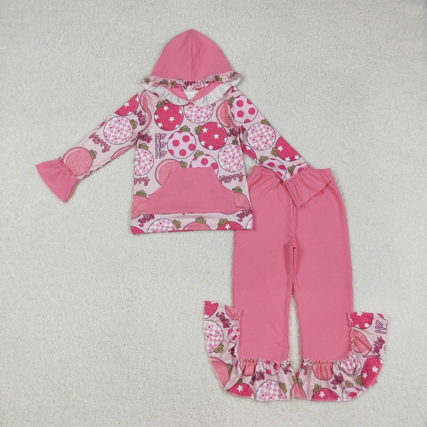 RTS NO MOQ （In stock）GLP2650 Baby Girls Winter Outfits  Pink Merry Christmas Hoodie Top with Pocket And Ruffle Pants Set