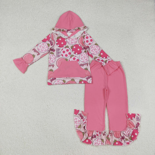 RTS NO MOQ （In stock）GLP2650 Baby Girls Winter Outfits  Pink Merry Christmas Hoodie Top with Pocket And Ruffle Pants Set
