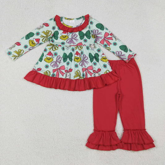 RTS NO MOQ （In stock）GLP2651 Baby Girls Winter Outfits Christmas Bows Plaid Green Faces Tunic Ruffle Pants Sets