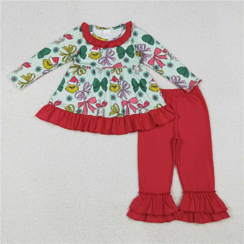10.1 RTS Sibling Baby Girls Long Ruffle Sleeves Santa Trees Bows Tunic Pants Christmas Clothes Sets
