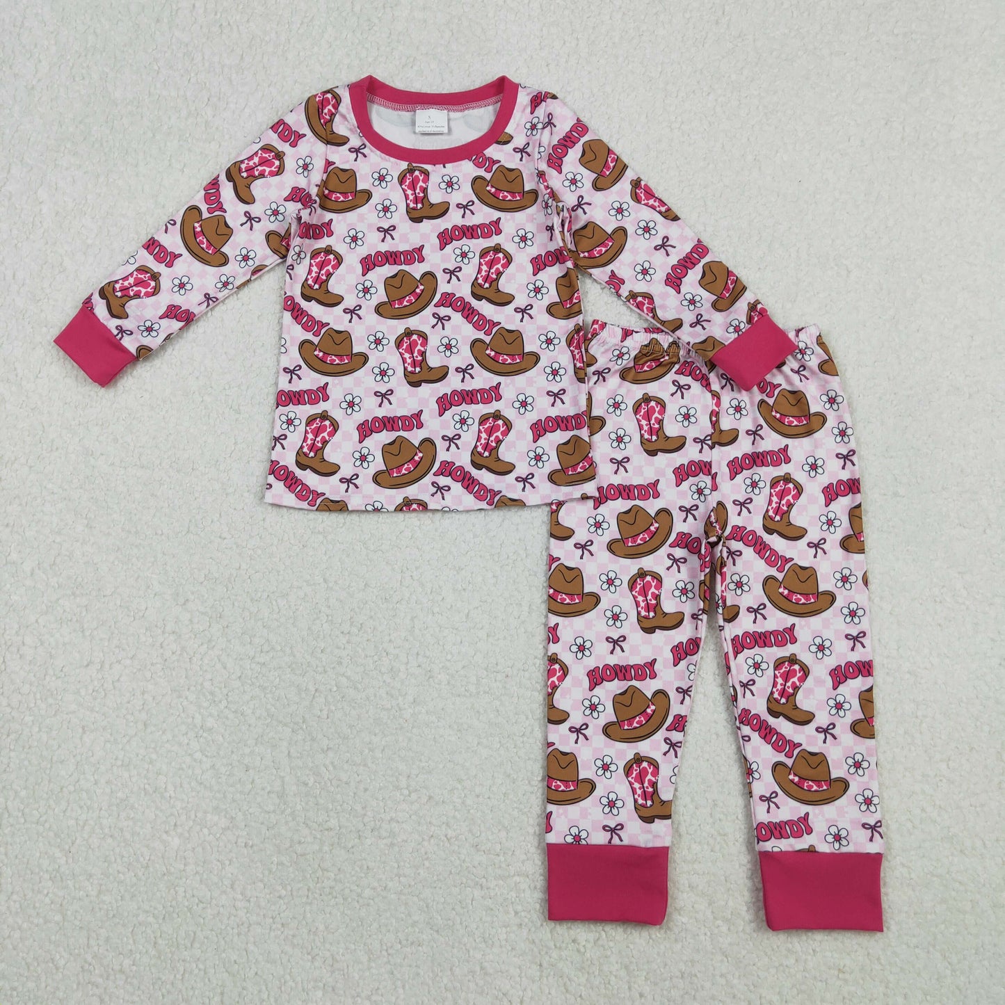 11.3 RTS NO MOQ （In stock）GLP2664 Baby Girls Pink Checked Flowers Howdy Top Pant Western Pajamas Sets