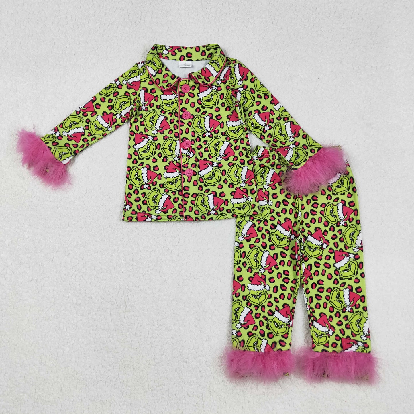 RTS NO MOQ （In stock）GLP2669 Baby Girls Winter Outfits Leopard Green Face Fur Christmas Pajamas Button down Comfortable Sleepwear