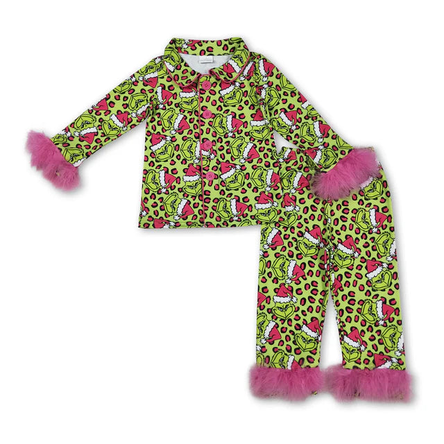 RTS Sibling Baby Girls Sister Christmas Bows Santa Buttons Top Pants Fur Pajamas Clothes Sets