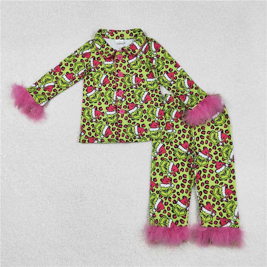 11.27 RTS NO MOQ （In stock）GLP2669 Baby Girls Christmas Green Face Leopard Button Top Pant Fur Pajamas Sets