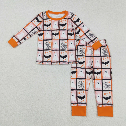 RTS NO MOQ （In stock）GLP2682 Baby Girls Winter Outfits Ghosts Bats Plaid Top Pants Halloween Pajamas Set