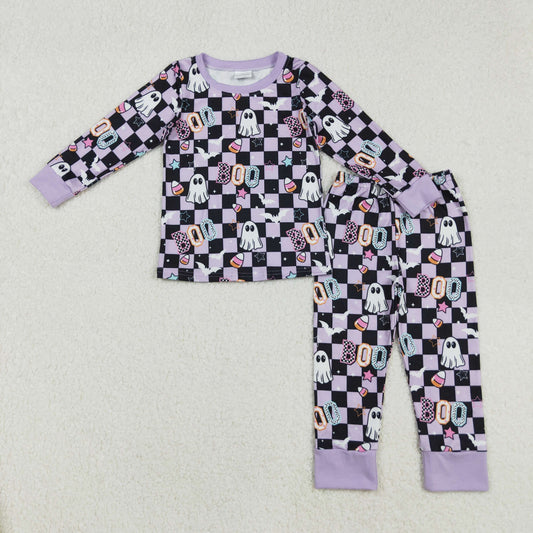 RTS NO MOQ （In stock）GLP2684 Baby Girls Winter Outfits Lavender Plaid Octopus Bowtie Baby Girls' Halloween Pajamas Short Sleeve Top And Pants Set