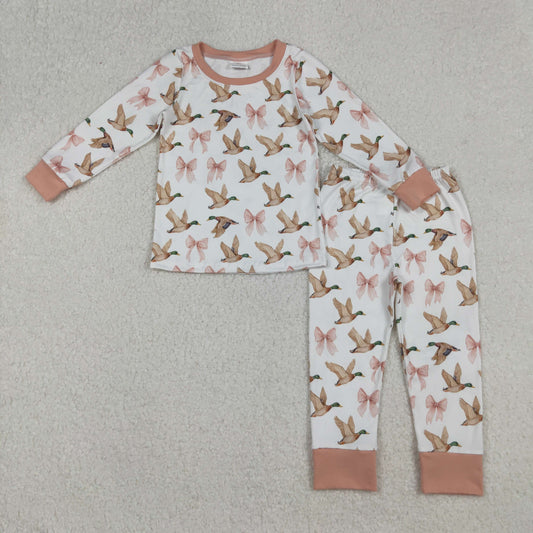 RTS NO MOQ （In stock）GLP2687Baby Girls Winter Outfits Ducks Bows Plaid Top Pants Pajamas Set