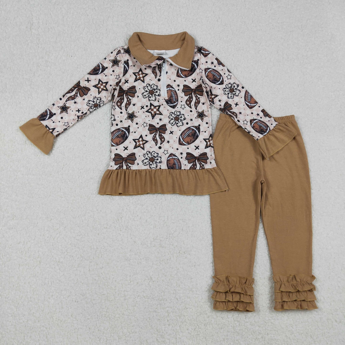 9.29 RTS Sibling Baby Boys Girls Khaki Checked Footballs Pullovers Pockets Pants Team Clothes Sets Zipper Footie Rompers