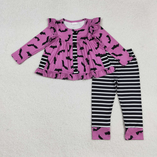 RTS NO MOQ （In stock）GLP2693 Baby Girls Winter Outfits Halloween Bat Pockets Tunic Stripe Leggings Set Cute Costume Outfit for Kids